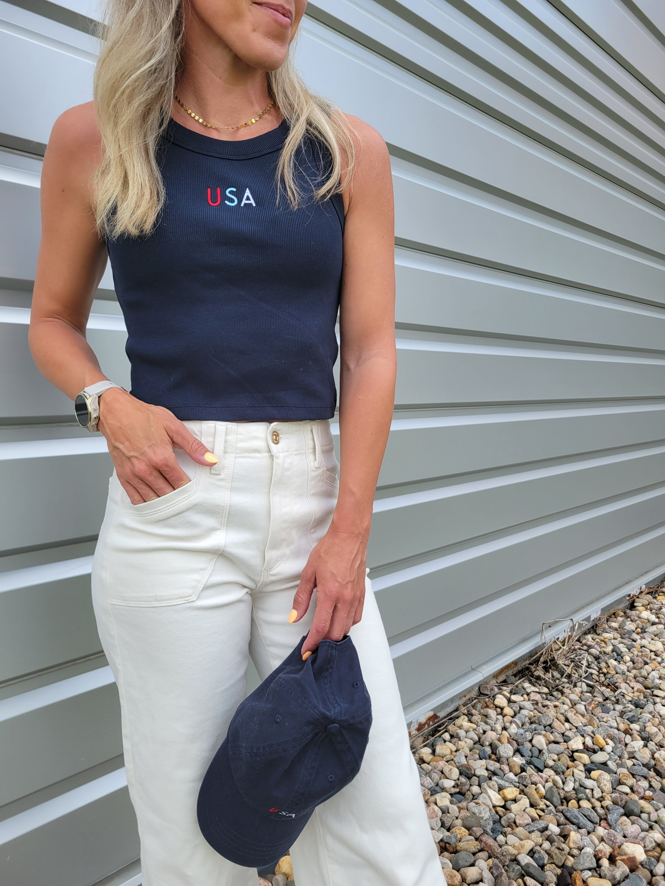 USA Embroidered Crop Rib Tank