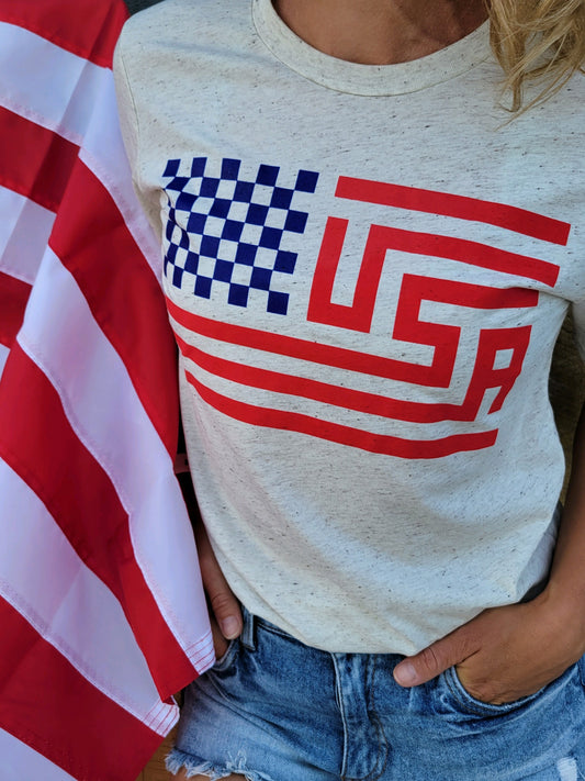 USA Checkered Flag Oatmeal T-Shirt