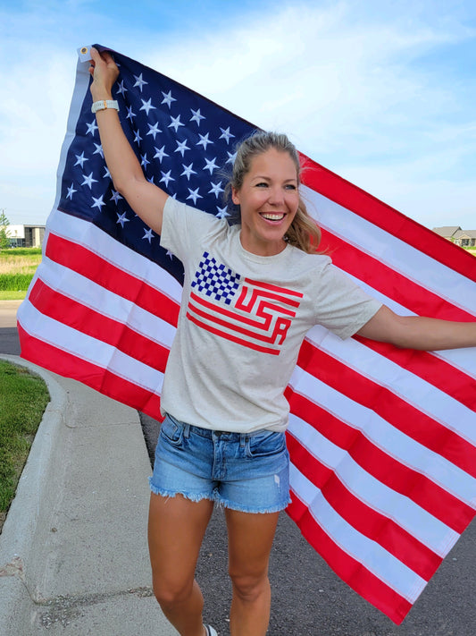 USA Checkered Flag Oatmeal T-Shirt